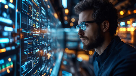 Innovative Logistics Professional Analyzes Complex Data on Advanced Digital Screens in a High Tech Control Room Dedicated to Transportation Management Generative AIの素材