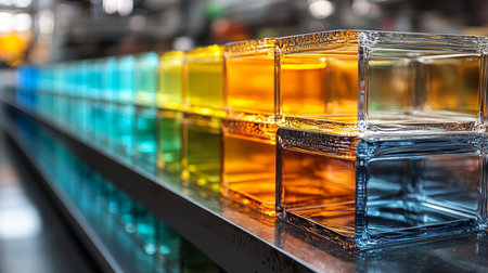 Colorful Glass Blocks Arranged in Rows in a Manufacturing Facility Focus on Materials Used in Construction and Design Generative AIの素材