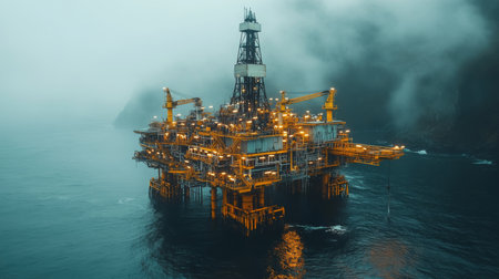 Offshore Drilling Rig Illuminated at Dusk Near Coastal Cliffs, Showcasing Extraction Technology and Petroleum Infrastructure Generative AIの素材