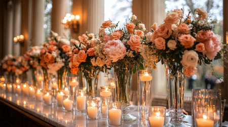 Elegant Floral Arrangement and Candles Create a Warm Ambiance in a Well Lit Indoor Setting During a Special Event Generative AIの素材