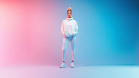 Stylish woman in sporty attire poses against a pastel background during daytime Generative AIの素材