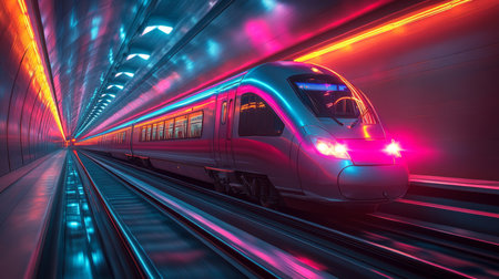 Modern Autonomous Train Operates Within a Futuristic Neon Tunnel, Showcasing Advanced Logistics and Transportation Technology Generative AIの素材