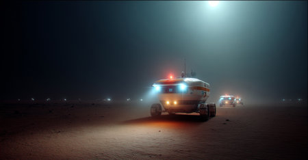 Exploring distant planets with advanced robotic expedition vehicles at twilight Generative AIの素材