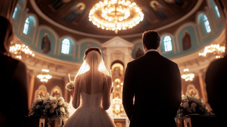 Wedding Couple Stands at Altar During Ceremony in Beautiful Church With Decorative Chandeliers and Stunning Stained Glass Windows Generative AIの素材