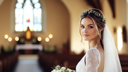 Bride Smiles Gracefully Inside a Church, Adorned With Elegant Floral Crown, While Holding a Delicate Bouquet During Wedding Ceremony in a Serene Atmosphere Generative AIの素材