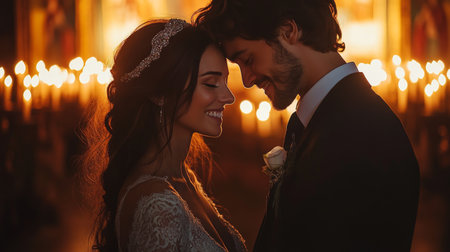 Couple Sharing a Joyful Moment During a Romantic Wedding Ceremony Surrounded by Soft Candlelight in an Intimate Venue Generative AIの素材