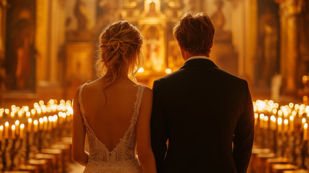 Couple Stands Together in a Candlelit Church, Celebrating Their Wedding Ceremony With an Intimate Ambiance and Golden Glow From Numerous Flickering Candles Generative AIの素材