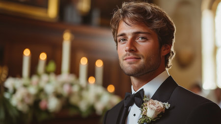 Groom Preparing for Wedding Ceremony in Elegant Venue With Floral Decorations and Warm Lighting Generative AIの素材