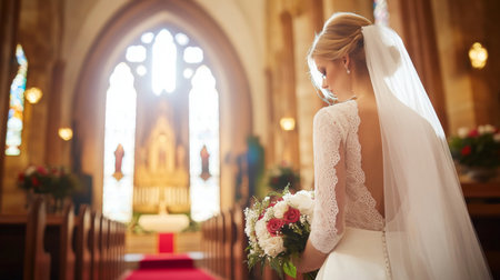 Elegant Bride Prepares for Wedding Ceremony at Historic Church With Beautiful Stained Glass Windows in the Afternoon Light Generative AIの素材