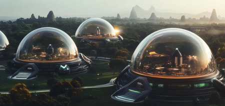 Vision of a Sustainable Megacity With Futuristic Domes Designed for Green Living and Improved Air Quality in an Ecofuture Landscape Generative AIの素材