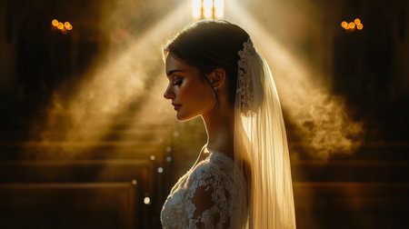 Bride in Serene Church Setting Illuminated by Soft Light With Ethereal Veil Captured During Wedding Ceremony Preparation Generative AIの素材