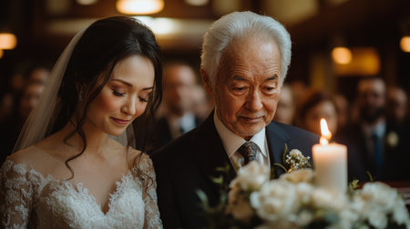 Emotional Moment Between Bride and Father During Wedding Ceremony in Elegant Venue With Soft Lighting in the Evening Generative AIの素材