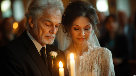 Elderly Couple Participating in a Candlelight Ceremony in an Intimate Setting With Soft Lighting and a Gathering of Family and Friends in Attendance Generative AIの素材