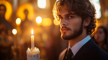 Candlelight Ceremony in a Historic Church Showcasing a Young Man Holding a Lit Candle With an Attentive Audience in Warm Light Generative AIの素材