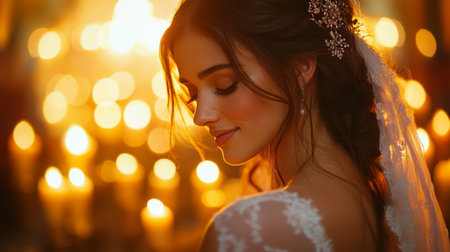 Beautiful Bride With Elegant Hairstyle Sharing a Moment of Peace Among Soft Candlelight During a Romantic Evening Generative AIの素材