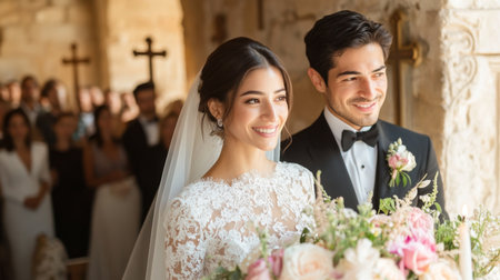 Elegant Wedding Ceremony Held in Historic Chapel With Radiant Couple Surrounded by Friends and Family Celebrating Love and Commitment Generative AIの素材