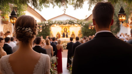 Ceremony of Love in a Beautiful Garden Setting During Sunset With Guests Watching Closely Generative AIの素材