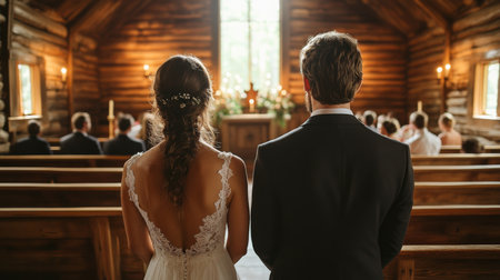Couple Exchanges Vows in Rustic Chapel During Intimate Wedding Ceremony Surrounded by Family and Friends Generative AIの素材