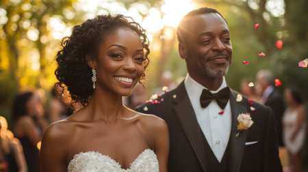 Joyful Couple Celebrates Their Wedding Ceremony in a Beautiful Outdoor Setting During Golden Hour Surrounded by Friends and Family Generative AIの素材