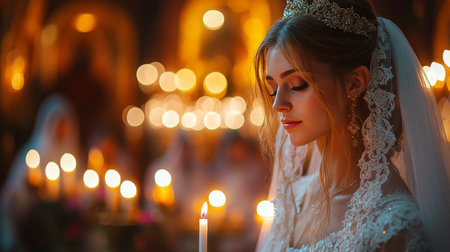 Bride in Elegant Gown Holding a Candle During a Serene Wedding Ceremony Illuminated by Soft Candlelight in a Historic Venue Generative AIの素材