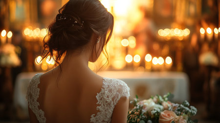 Bride Standing Quietly With Bouquet in a Softly Lit Church During a Wedding Ceremony With Candles Illuminating the Background Generative AIの素材