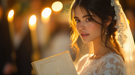 Bride Poses Elegantly With a Book During a Romantic Candlelit Ceremony in a Beautiful Venue at Dusk Generative AIの素材