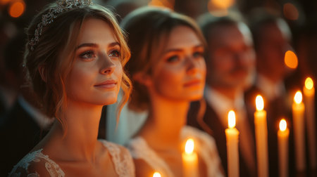 Elegant Bride With Veil and Bridesmaid During Ceremony Surrounded by Candlelight in a Romantic Venue at Night Generative AIの素材
