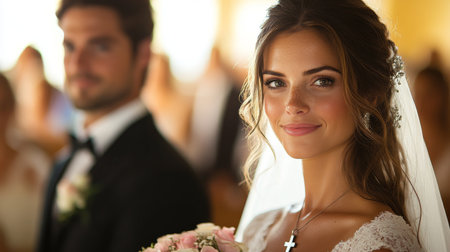 Beautiful Bride With Bouquet Stands Confidently During Wedding Ceremony With Groom in Background at Indoor Venue Generative AIの素材