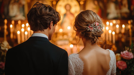 Couple Standing Together in Front of Altar Adorned With Candles During Intimate Wedding Ceremony Held in Church Generative AIの素材
