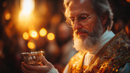 Ceremonial Priest Holding Ornate Chalice During Spiritual Gathering in Warmly Lit Historic Setting at Twilight Generative AIの素材