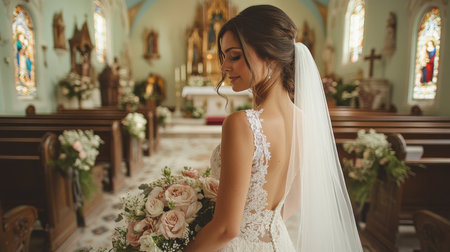 Bridal Portrait in a Charming Church With Stained Glass Windows Set Against a Beautiful Floral Bouquet at Midday Generative AIの素材