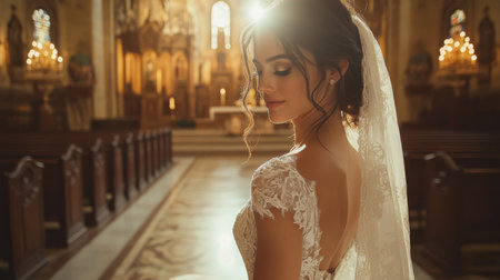 Bride Preparing for Wedding Ceremony Inside a Beautifully Decorated Church During Late Afternoon Light Capturing the Moment With Elegance and Grace Generative AIの素材