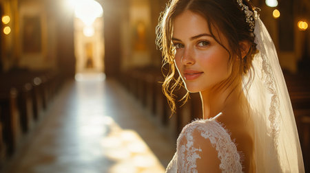 Bride in Elegant Wedding Attire Poses Gracefully in a Historic Church During Golden Hour With Soft Lighting Enhancing Her Beauty Generative AIの素材