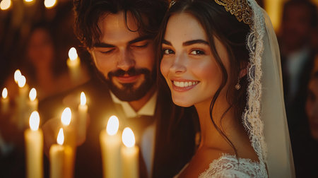 Candlelight Wedding Ceremony Capturing the Joy and Romance of the Bride and Groom in a Beautiful Setting With Soft Golden Lights Generative AIの素材
