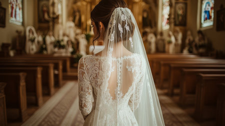 A Stunning Display of Bridal Elegance is Beautifully Showcased Within the Tranquil Atmosphere of a Church During a Wedding Ceremony, Enhanced by Generative AI Artistryの素材