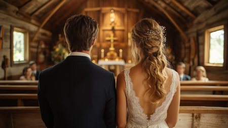 Couple Exchanging Vows in a Rustic Chapel Surrounded by Friends and Family During a Serene Wedding Ceremony Generative AIの素材
