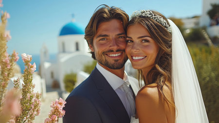 Beautiful Couple Celebrates Wedding With Joyful Smiles in Front of Iconic Greek Architecture at a Sunny Santorini Location Generative AIの素材