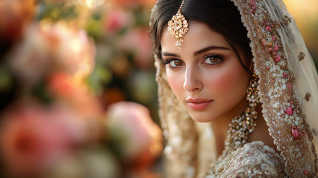 Beautifully Adorned Bride in Elegant Wedding Attire at an Outdoor Ceremony During Golden Hour, Surrounded by Floral Arrangements and Soft Natural Lighting Generative AIの素材
