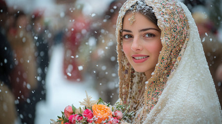 Bride Wearing a Beautifully Decorated Headscarf Holds a Bouquet of Fresh Flowers While Snow Gently Falls Around Her in a Winter Wedding Setting Generative AIの素材