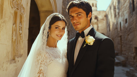 Couple Celebrating Their Wedding Amidst Historic Architecture During Sunny Outdoor Ceremony in Picturesque Location Generative AIの素材