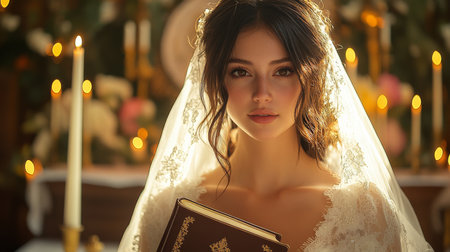 Elegant Bride Holding a Sacred Book in a Beautifully Decorated Ceremony Space Adorned With Candles and Floral Arrangements During a Romantic Celebration Generative AIの素材