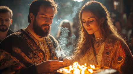 Couple Engaged in a Ceremonial Moment Surrounded by an Audience During a Historical Reenactment at a Festival in a Dimly Lit Setting Generative AIの素材