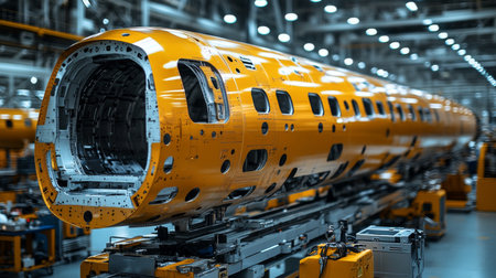 Construction of an Aircraft Fuselage in a Modern Aerospace Manufacturing Facility Showcases Advanced Engineering Techniques and Precision in Assembly Processes Generative AIの素材