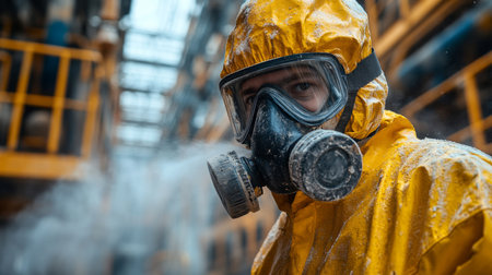 Worker in Safety Gear Conducts Mining Related Activities Within Industrial Facility During Daytime in a Gritty Environment Generative AIの素材