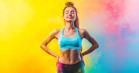 Vibrant sport-inspired woman poses confidently against a pastel background Generative AIの素材