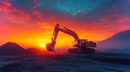 Excavator Working During Sunset at a Mining Site, Focusing on Excavation and Extraction of Minerals Amidst Stunning Landscapes Generative AIの素材
