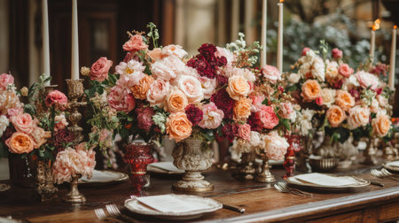 Elegant Floral Arrangements Adorn the Long Wooden Dining Table in a Beautifully Decorated Indoor Setting During a Formal Gathering in the Afternoon Generative AIの素材