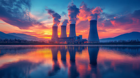 Stunning Sunset View of a Powerplant, With Steam Billowing Over Tranquil Water and Majestic Mountains in the Backdrop, Designed Through Generative AIの素材