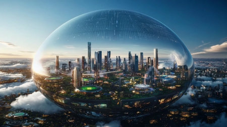 Futuristic Smart City Under a Transparent Dome Showcasing Sustainable Architecture and Advanced Air Quality Management Generative AIの素材