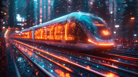 Innovative Smart Train Demonstrating Advanced Automation and Mobility Features in a Futuristic Urban Environment at Night Generative AIの素材